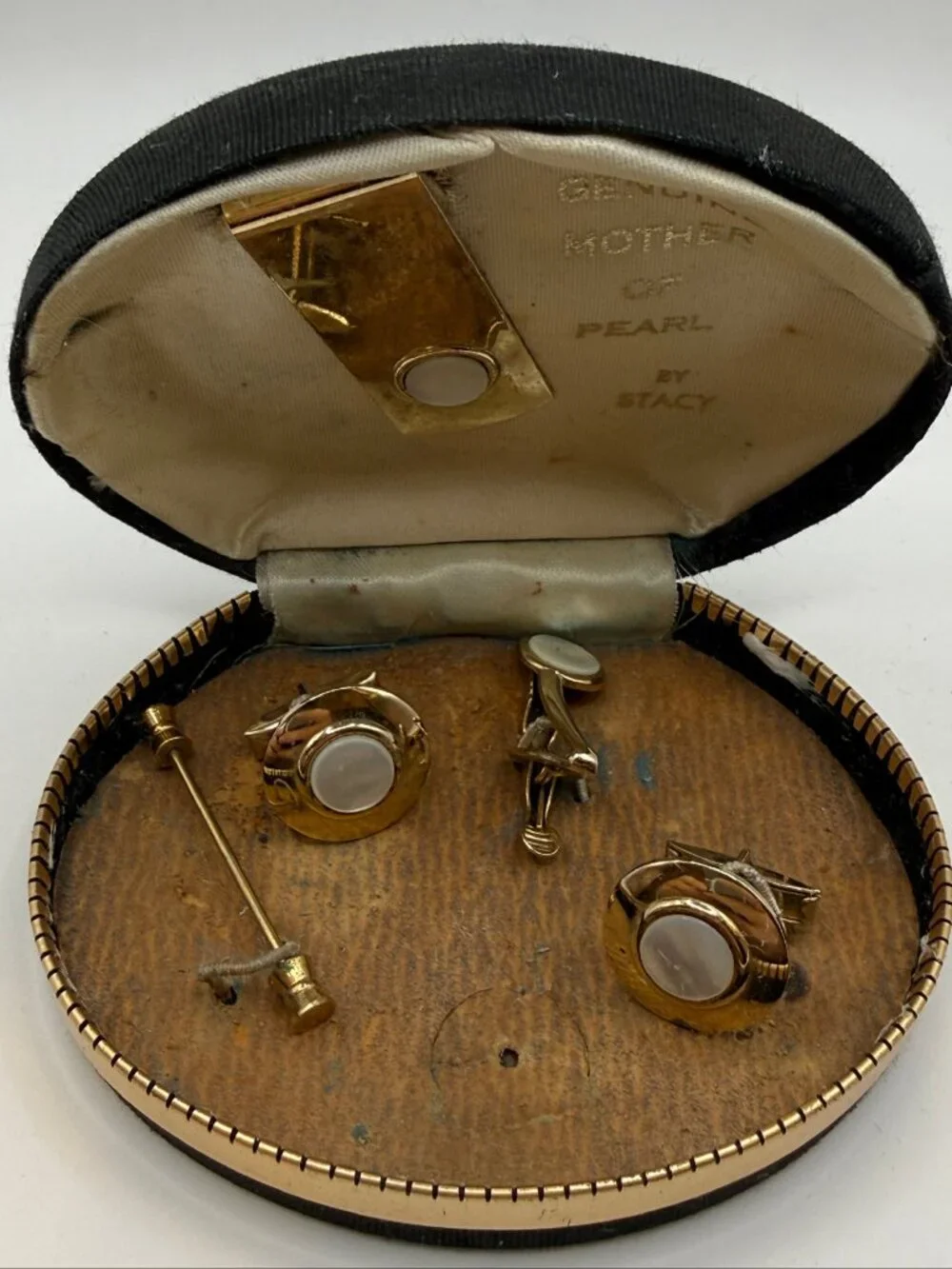 NIB Vintage Genuine Mother of Pearl by Stacy Cuff Link + Clips Set